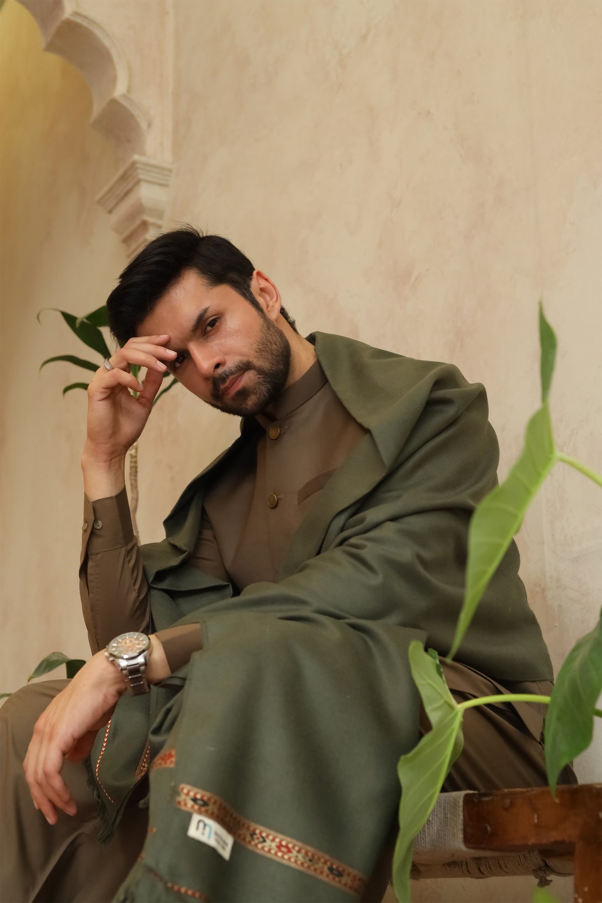 Muted Olive Green Acrylic Shawl - Men