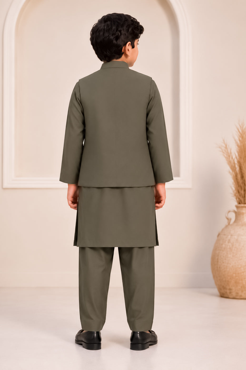 Army Green Kurta Trouser with Blended Waistcoat - Round Cut & Matching Fabric Buttons - Kids