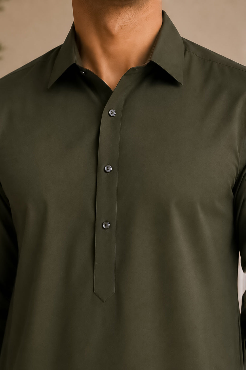 Army Green French Collar Shalwar Kameez - Stitched