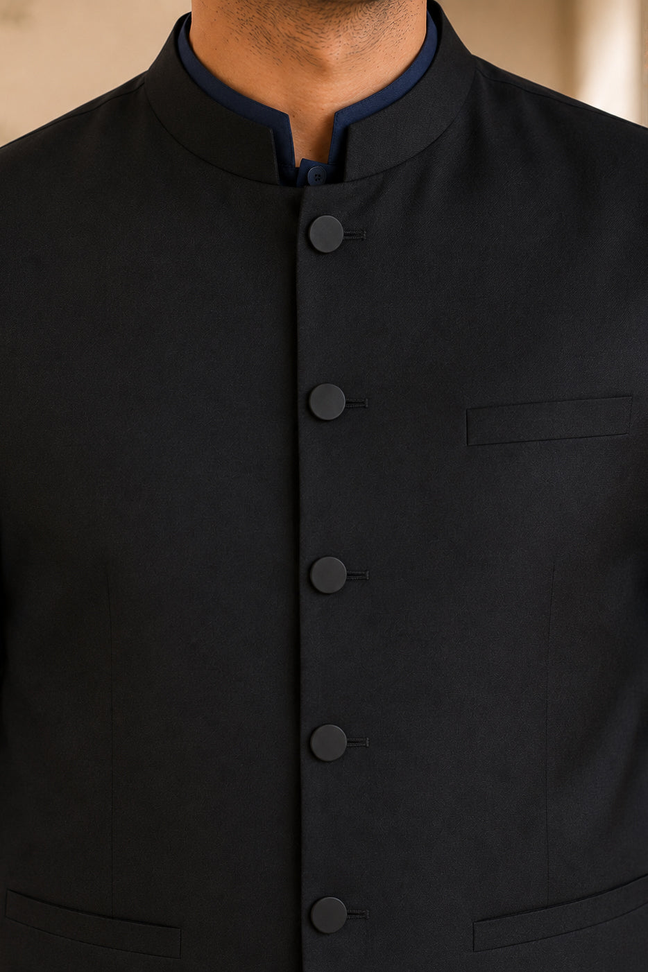 Navy Blue Kurta Shalwar with Black Suiting Waistcoat - Straight Cut - Men
