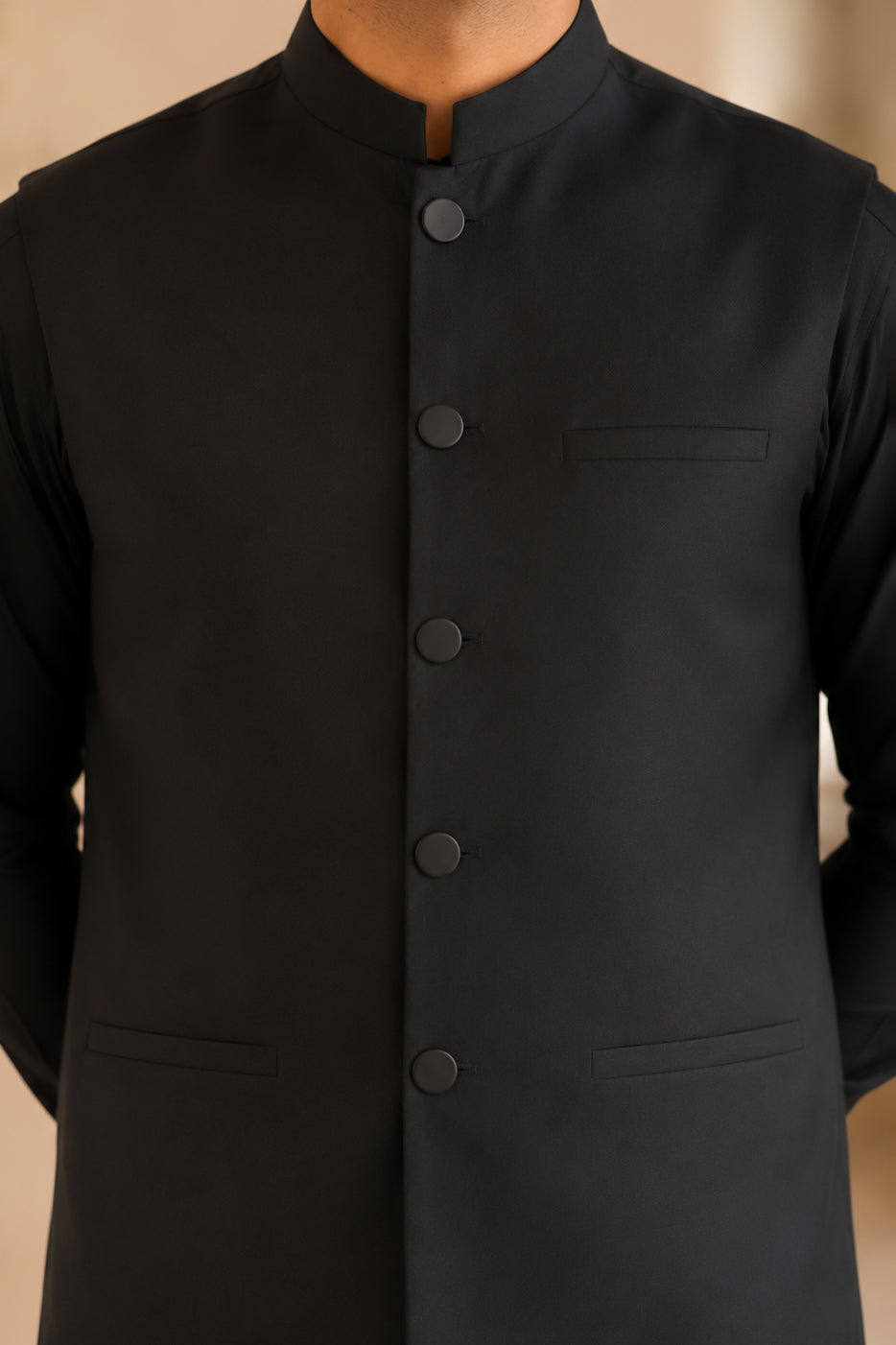 Black Kurta Shalwar with Suiting Waistcoat - Straight Cut - Men