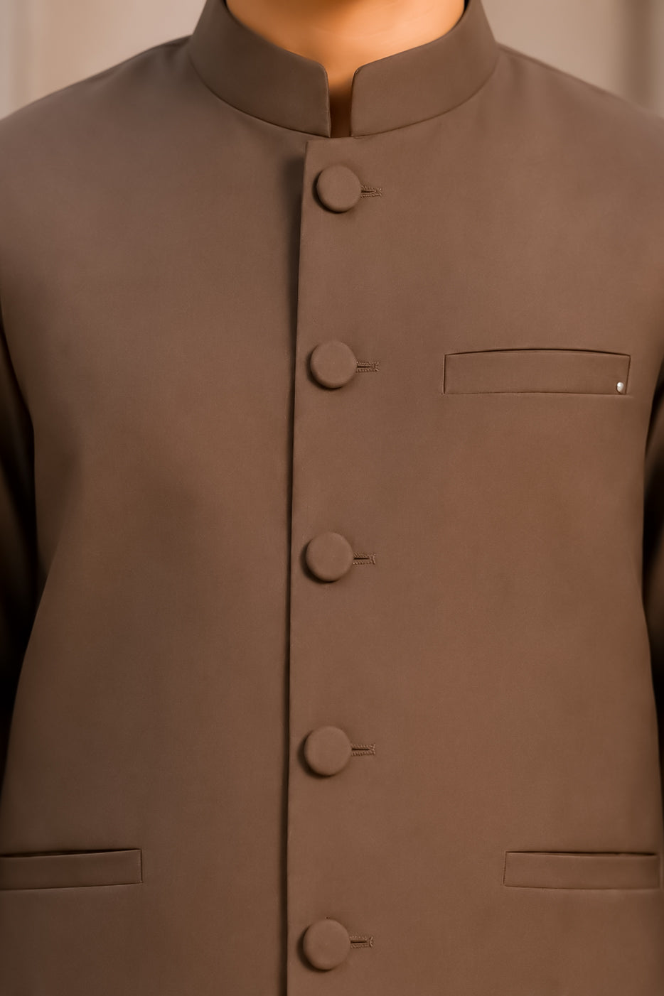 Coffee Brown Kurta Trouser with Blended Waistcoat - Round Cut & Matching Fabric Buttons - Kids