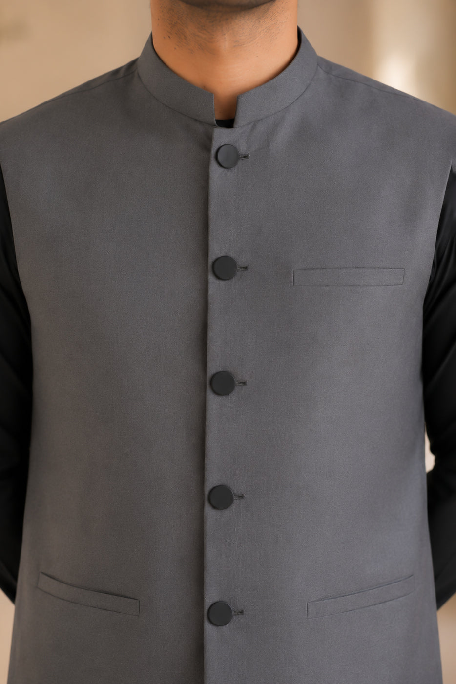 Black Kurta Shalwar with Gray Suiting Waistcoat - Straight Cut - Men