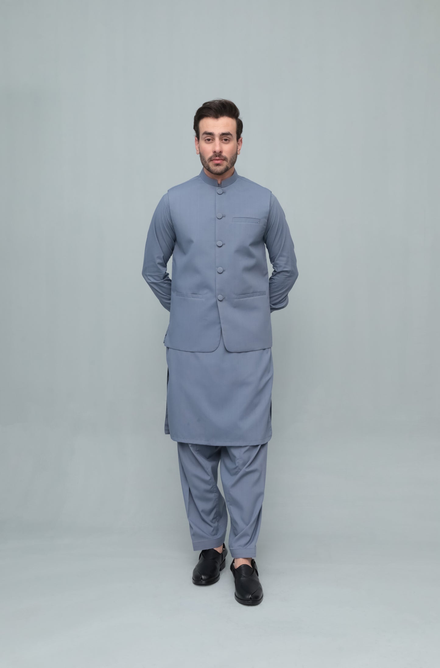 Bluish Gray Blended Waistcoat - Round Cut & Matching Fabric Buttons - Men