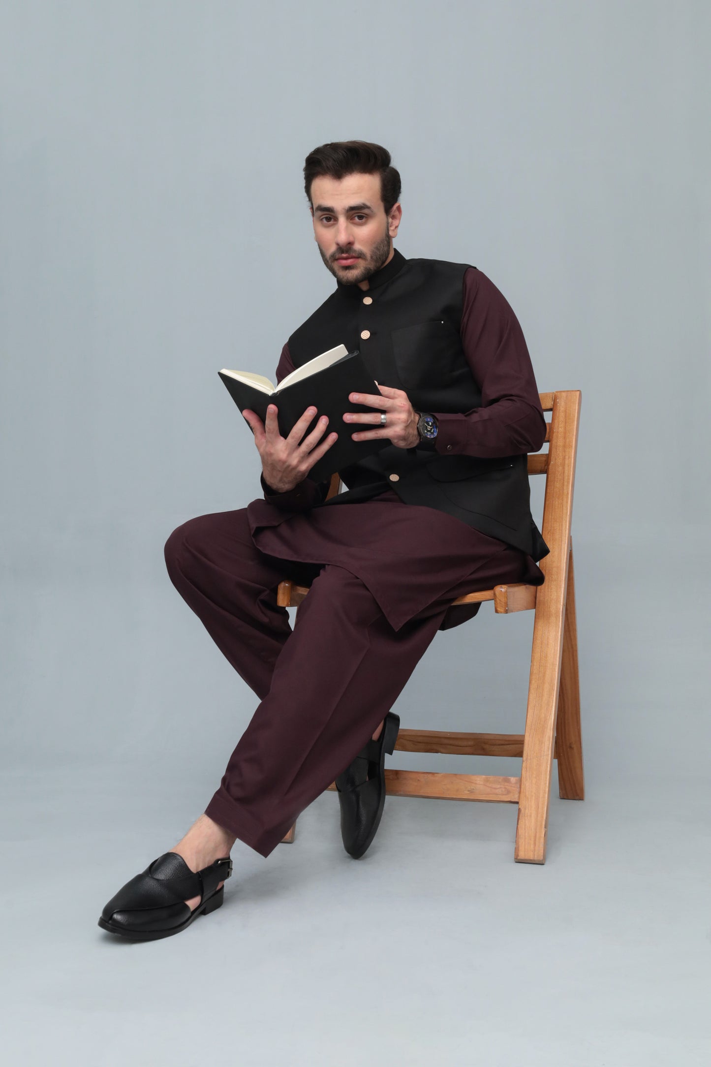 Black Suiting Waistcoat - Flap Pockets - Round Cut - Men