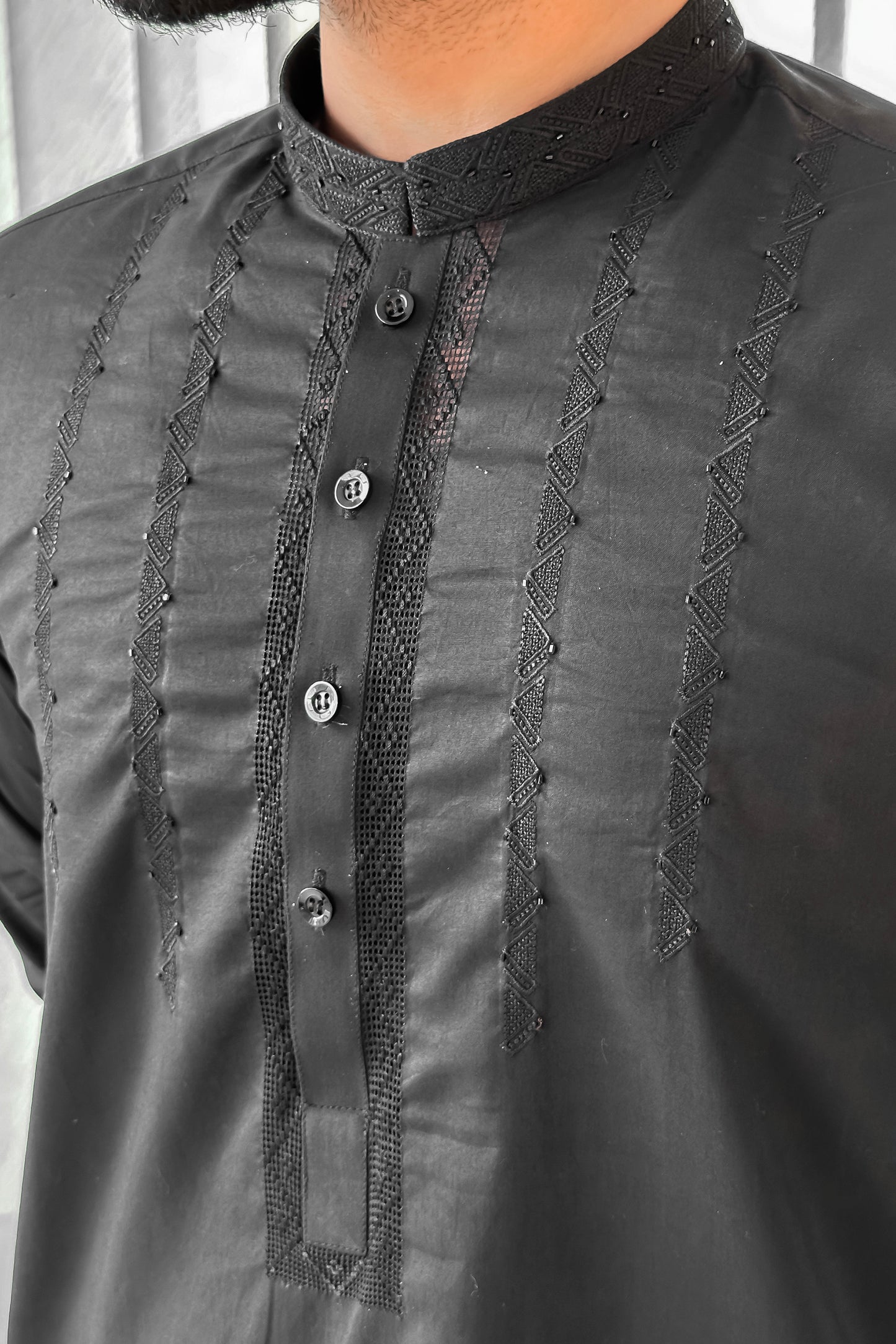 Black Tarkashi With Embroidered Chest MT-444 - Stitched