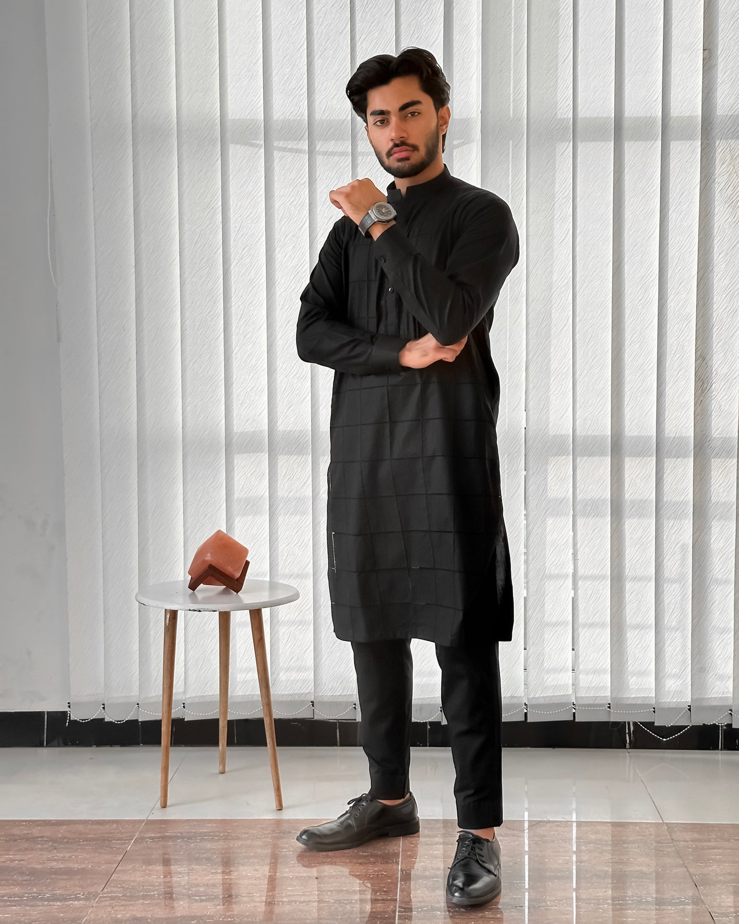 Black Cotton Kurta Trouser With Tarkashi Front - Men