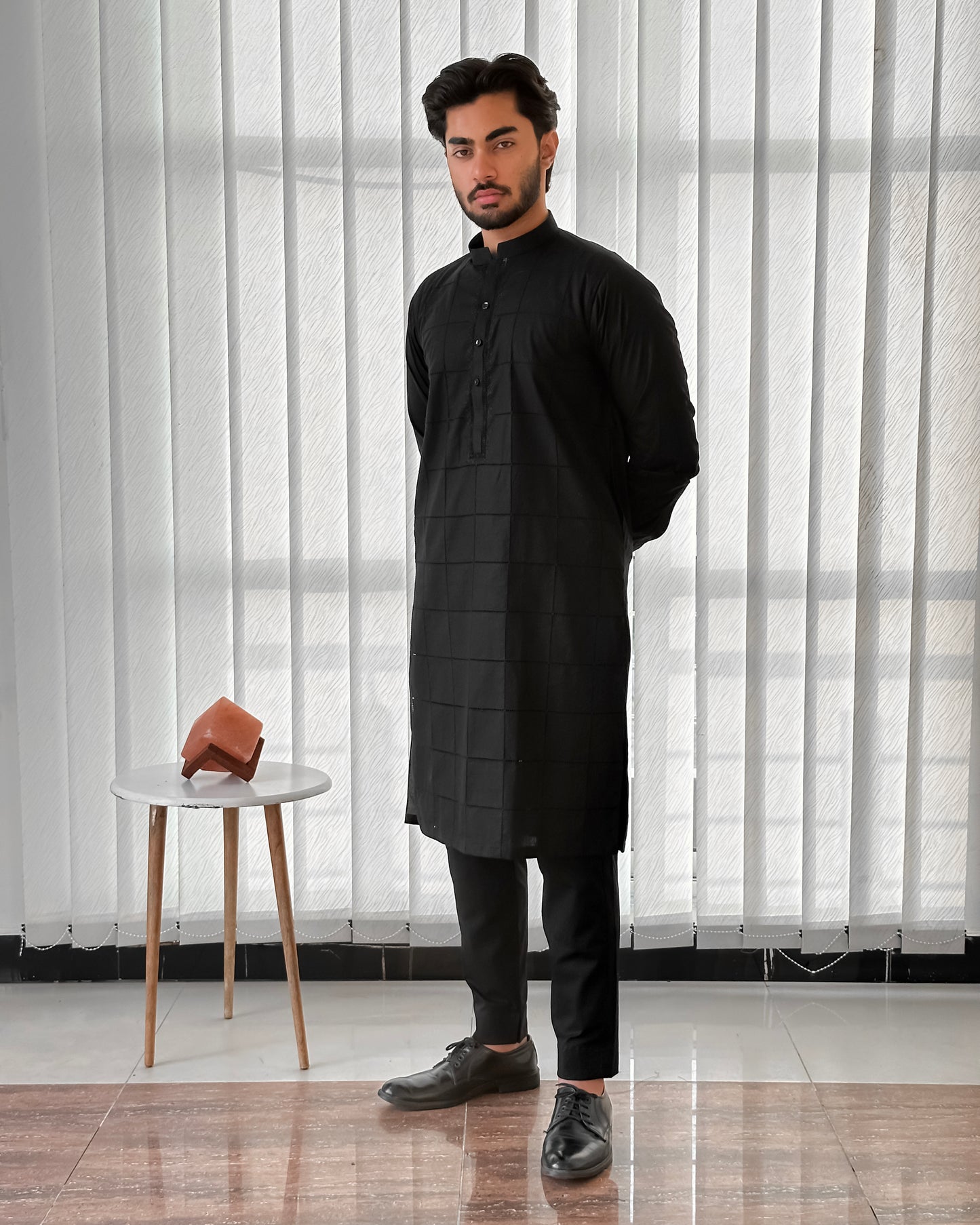 Black Cotton Kurta Trouser With Tarkashi Front - Men