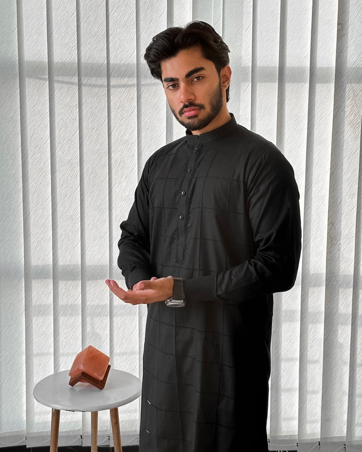 Black Cotton Kurta Trouser With Tarkashi Front - Men