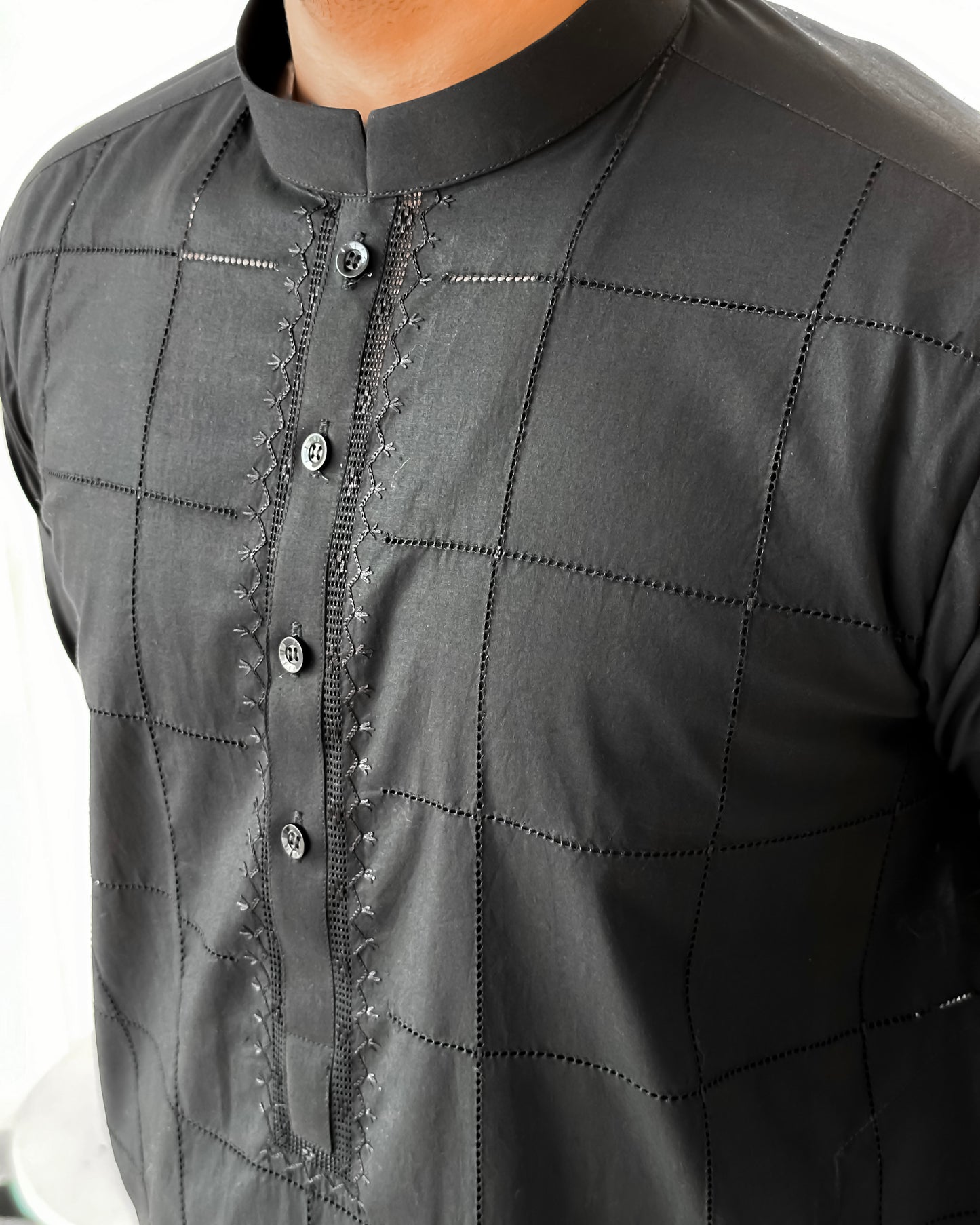 Black Cotton Kurta Trouser With Tarkashi Front - Men