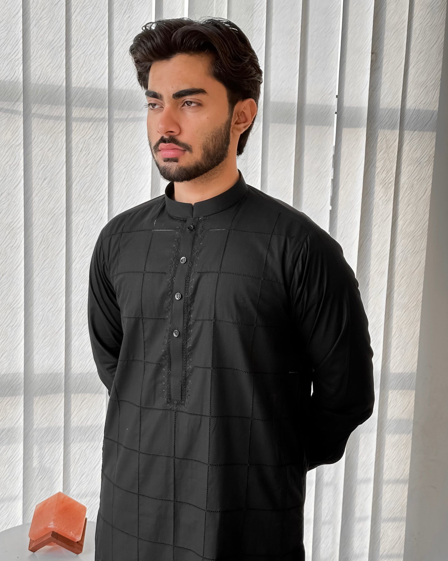 Black Cotton Kurta Trouser With Tarkashi Front - Men
