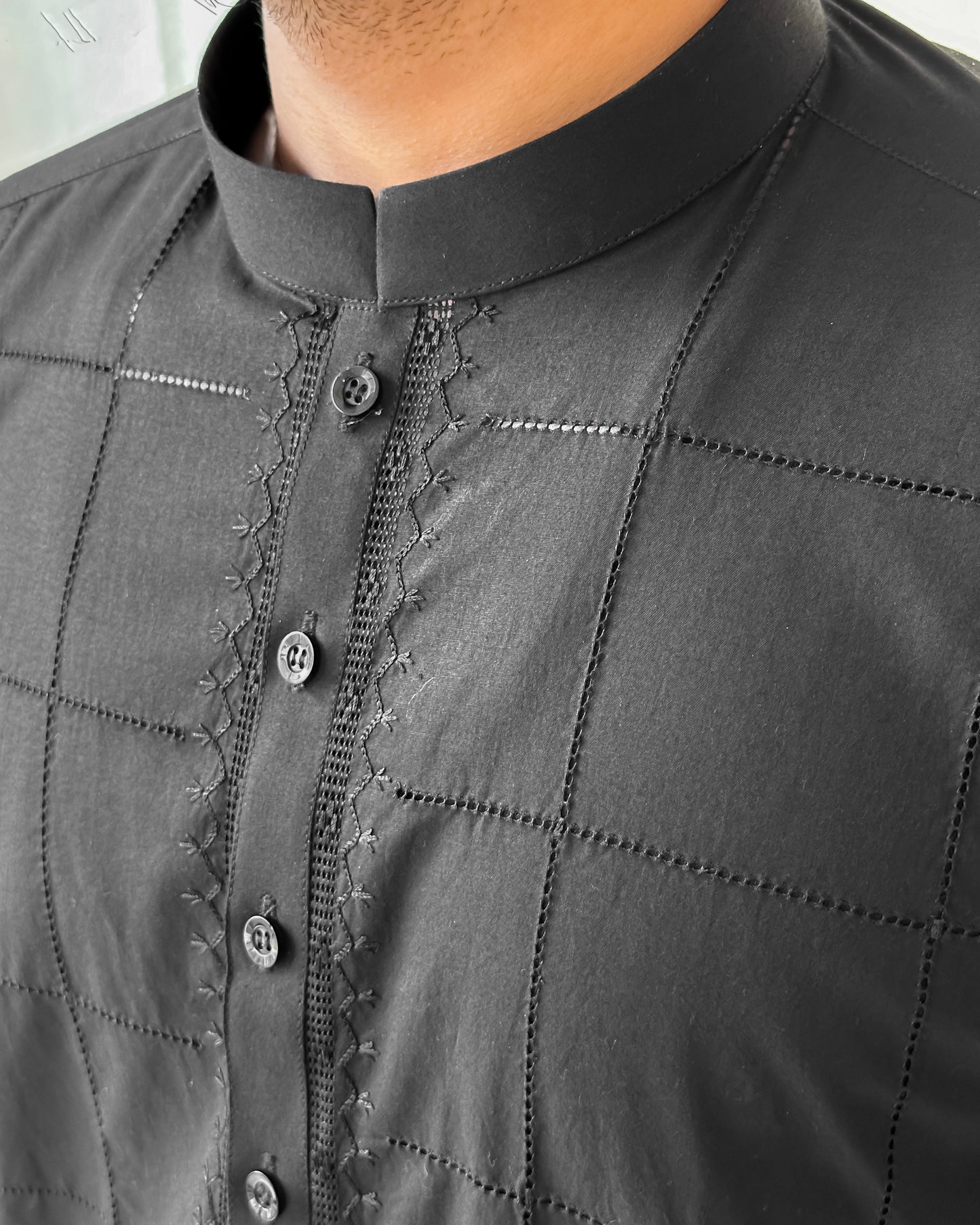 Black Cotton Kurta Trouser With Tarkashi Front - Men