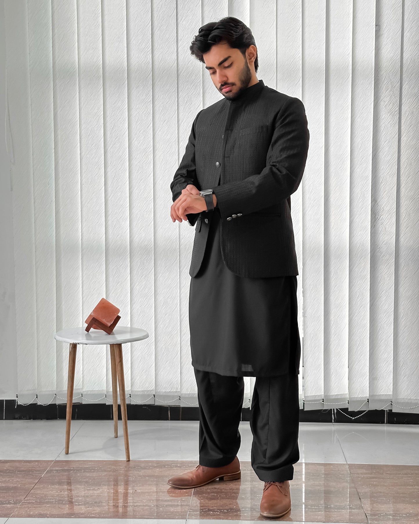 Black Kurta Shalwar with Embroidered Prince Coat - Men