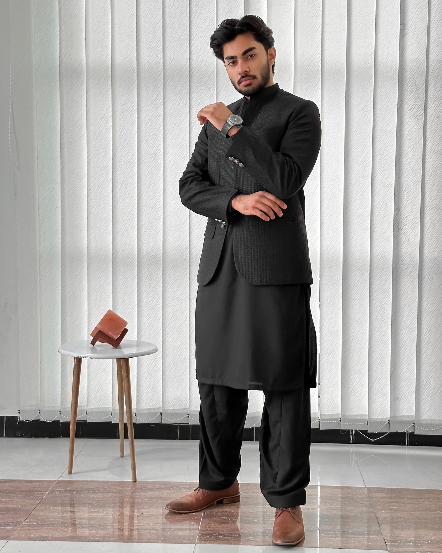 Black Kurta Shalwar with Embroidered Prince Coat - Men