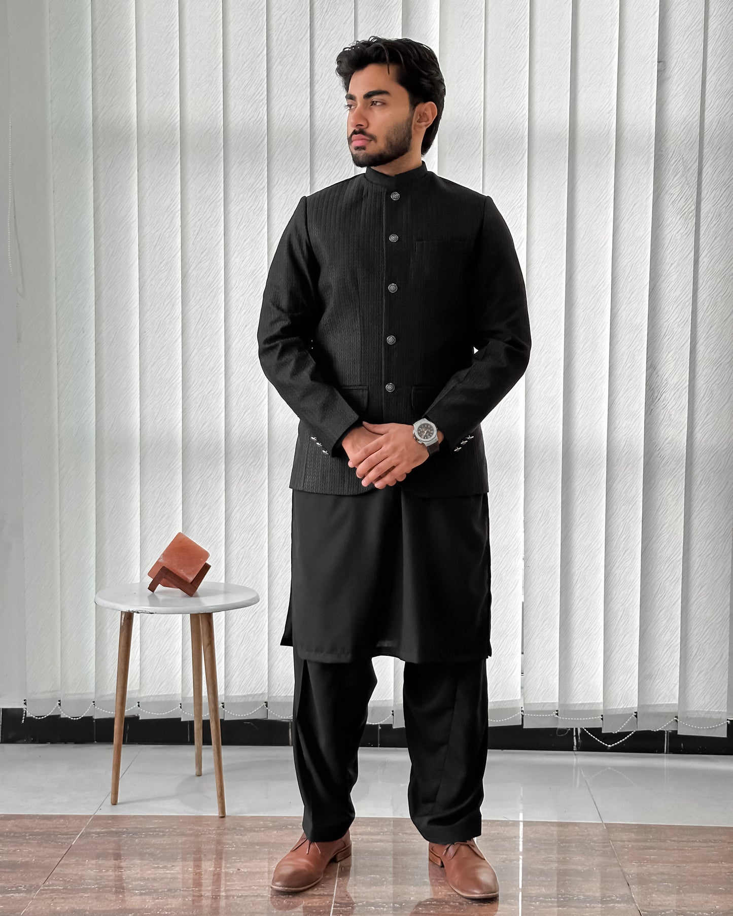 Black Kurta Shalwar with Embroidered Prince Coat - Men