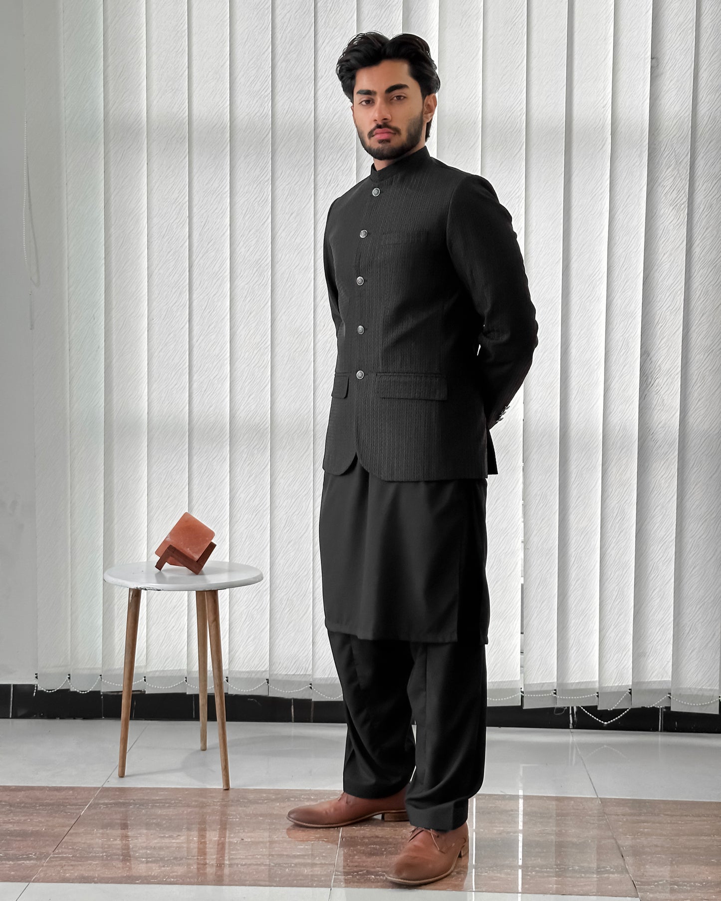 Black Kurta Shalwar with Embroidered Prince Coat - Men