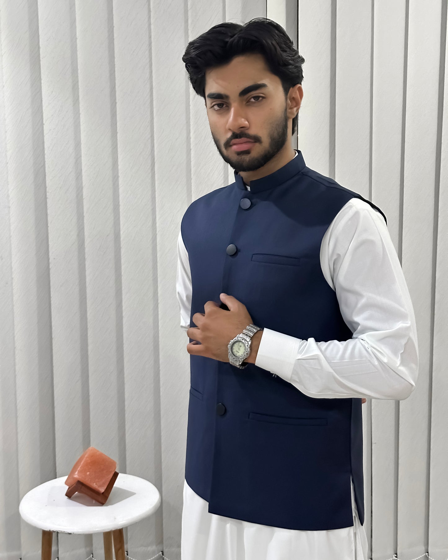 Off White Kurta Shalwar with Navy Blue Suiting Waistcoat - Straight Cut - Men