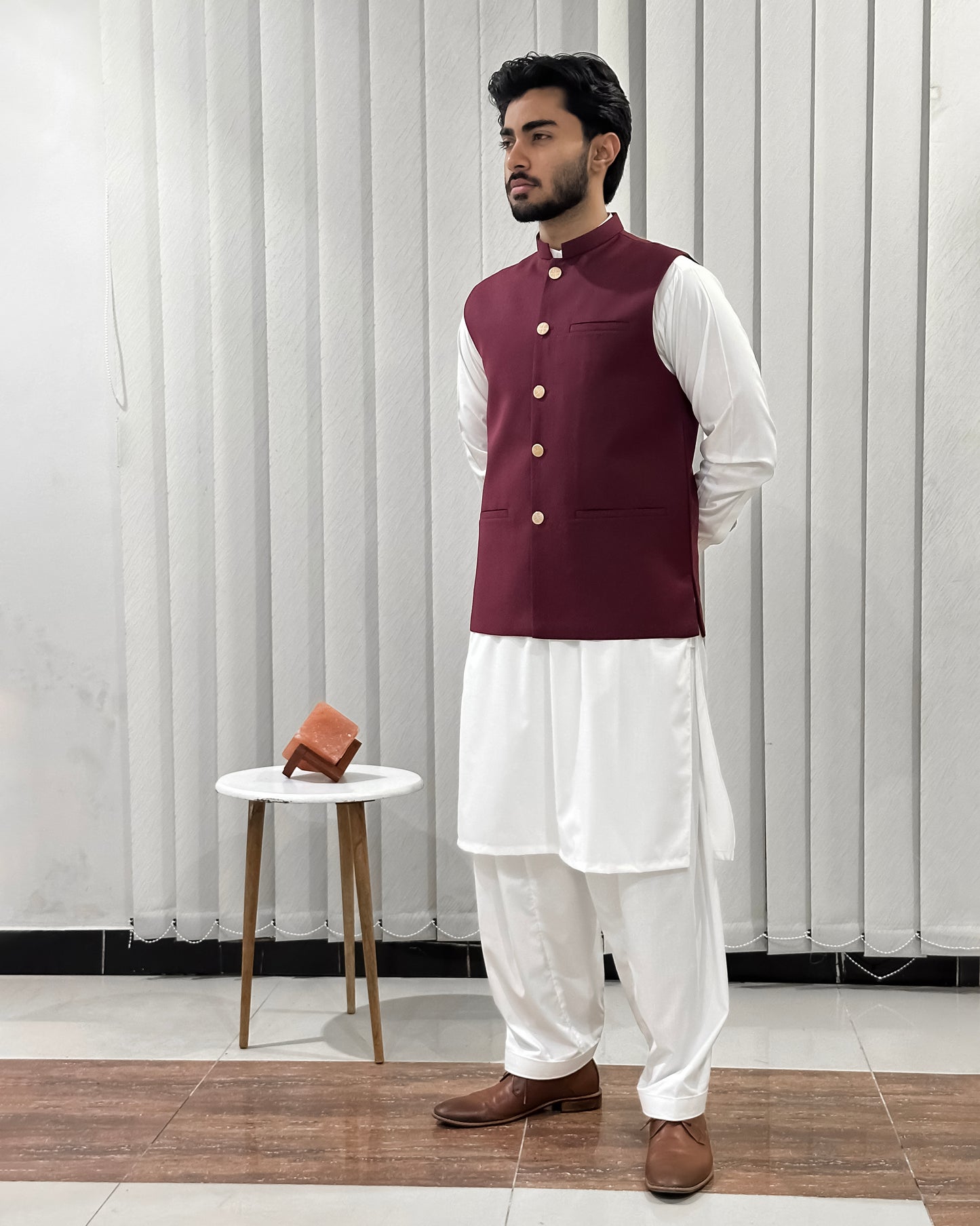 Off White Kurta Shalwar with Maroon Suiting Waistcoat - Straight Cut - Men