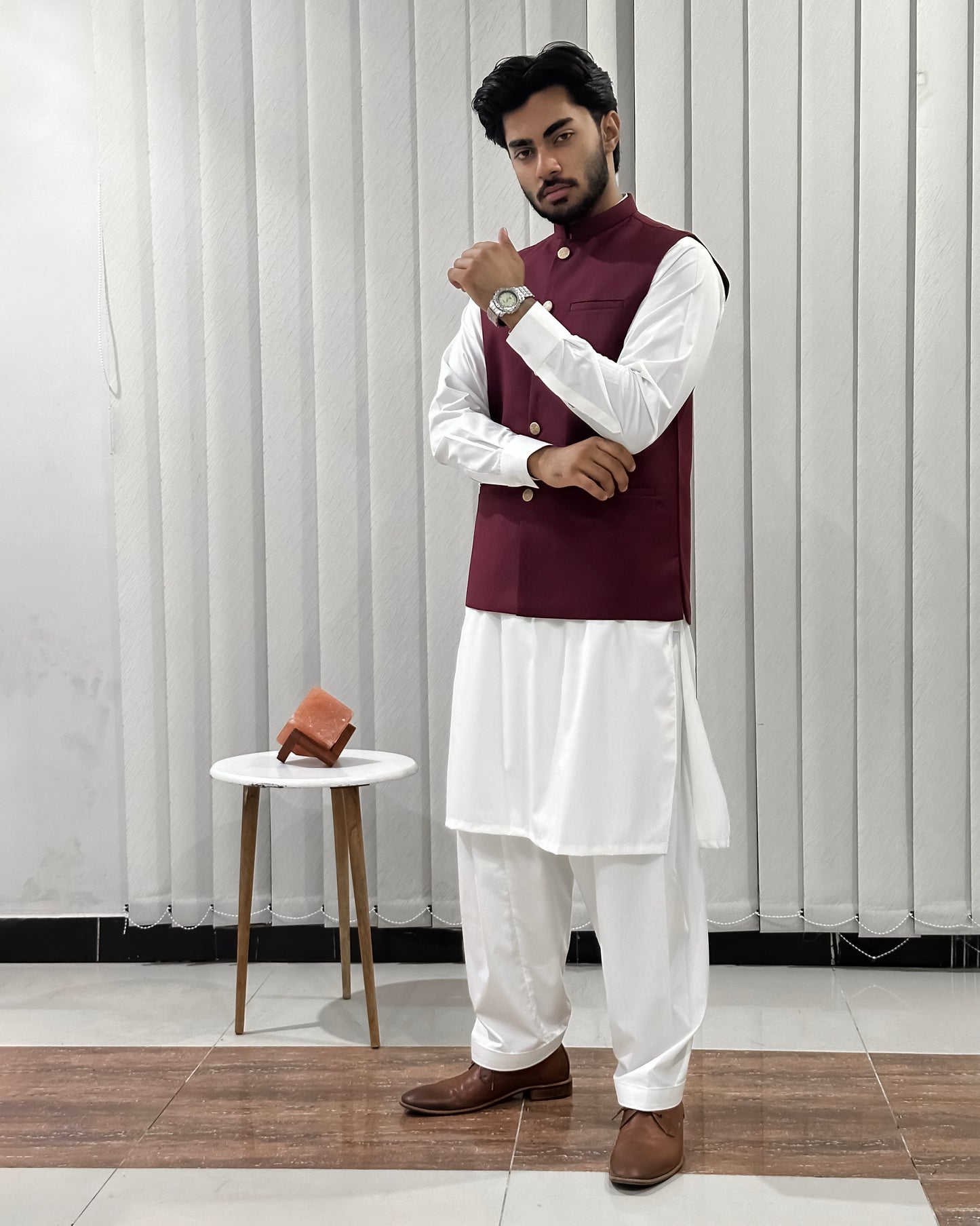 Off White Kurta Shalwar with Maroon Suiting Waistcoat - Straight Cut - Men
