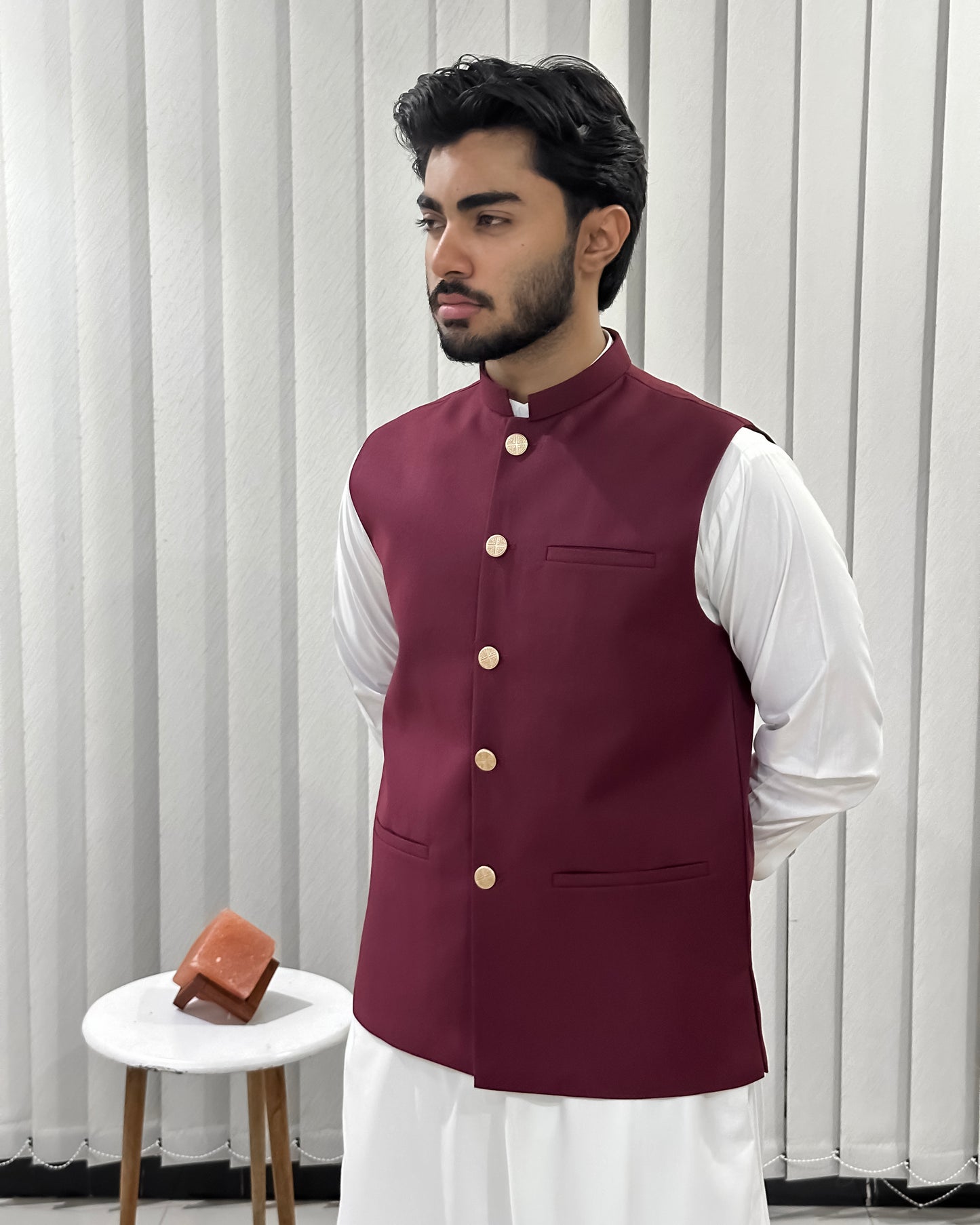Off White Kurta Shalwar with Maroon Suiting Waistcoat - Straight Cut - Men