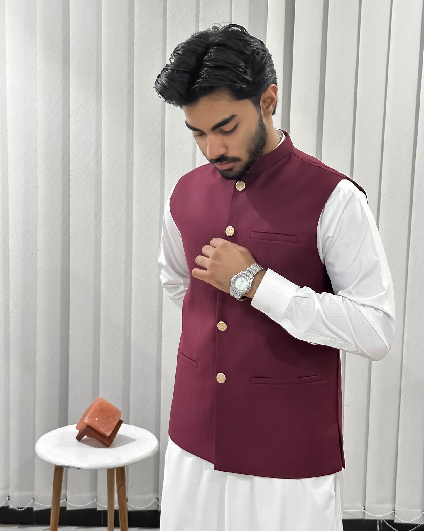 Off White Kurta Shalwar with Maroon Suiting Waistcoat - Straight Cut - Men