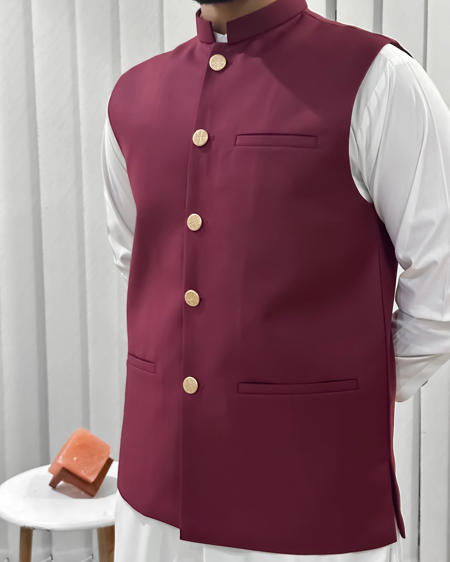 Off White Kurta Shalwar with Maroon Suiting Waistcoat - Straight Cut - Men