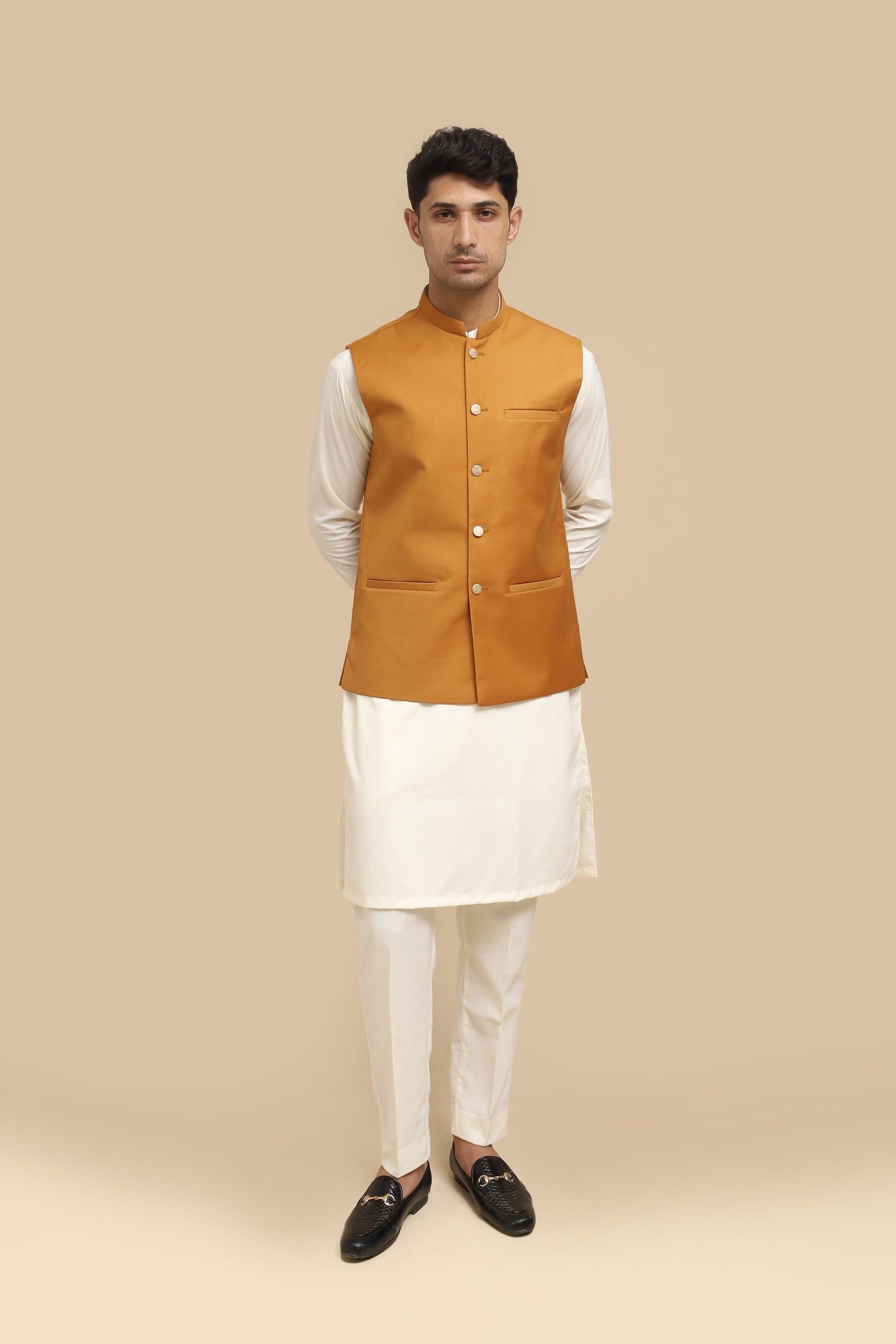 Camel Suiting Waistcoat - Straight Cut Buttoned - Men