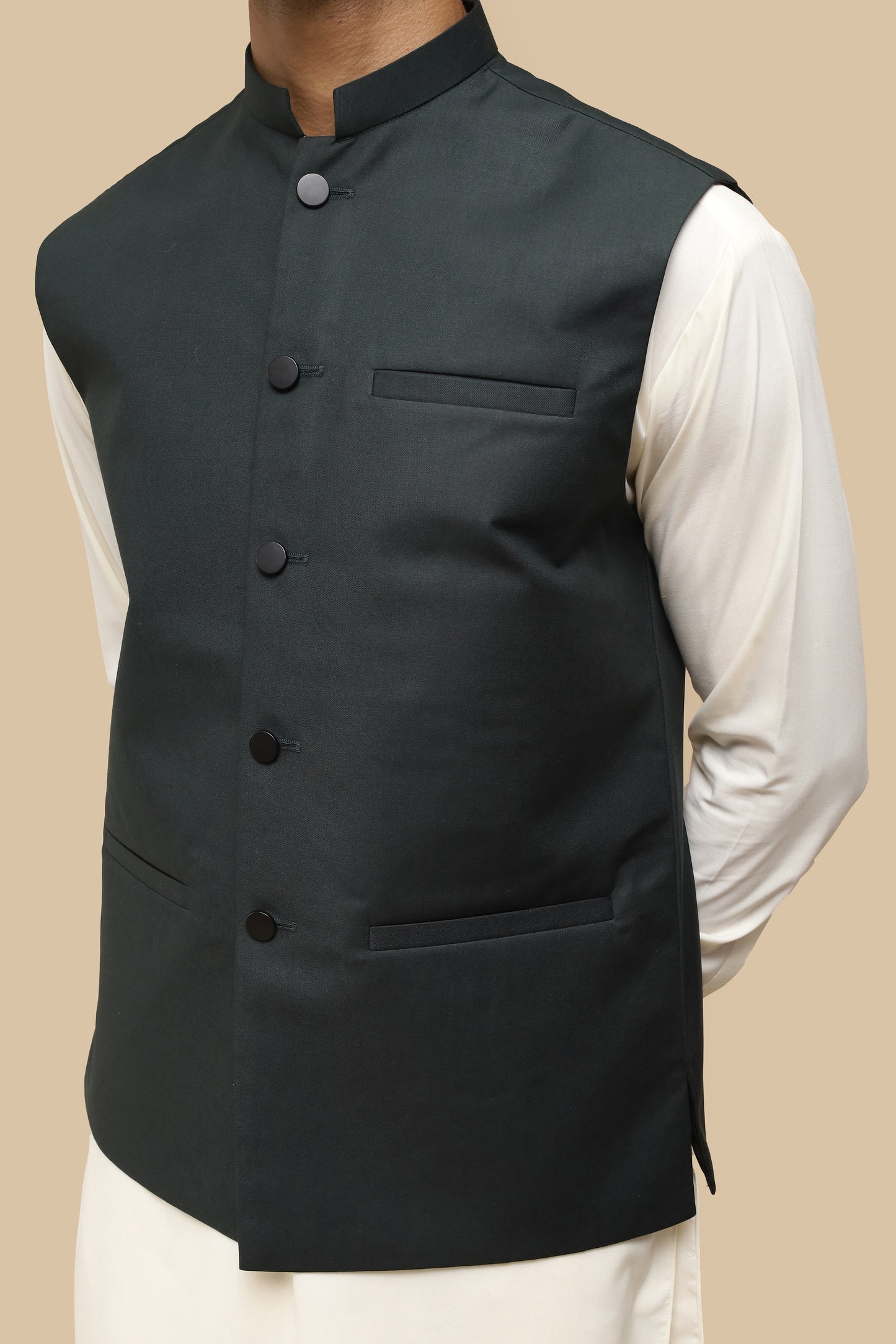 Army Green Suiting Waistcoat - Straight Cut Buttoned - Men