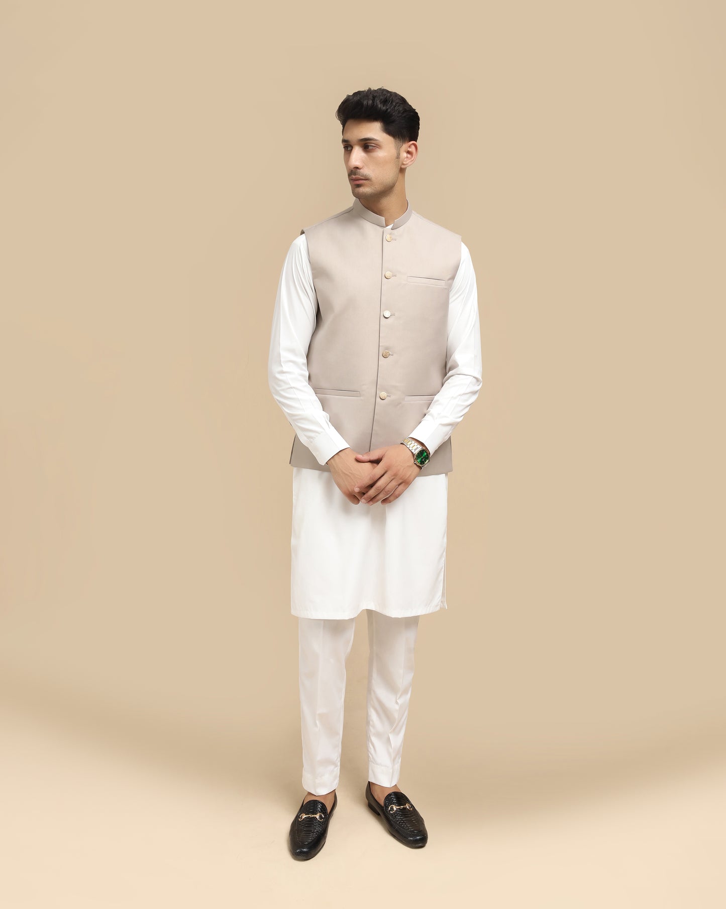 Off White Kurta Trouser with Beige Suiting Waistcoat - Straight Cut - Men