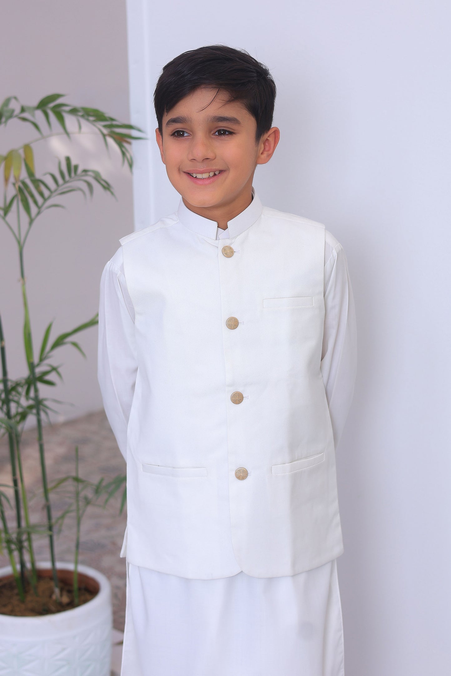 Off White Kurta Trouser with Suiting Waistcoat - Kids