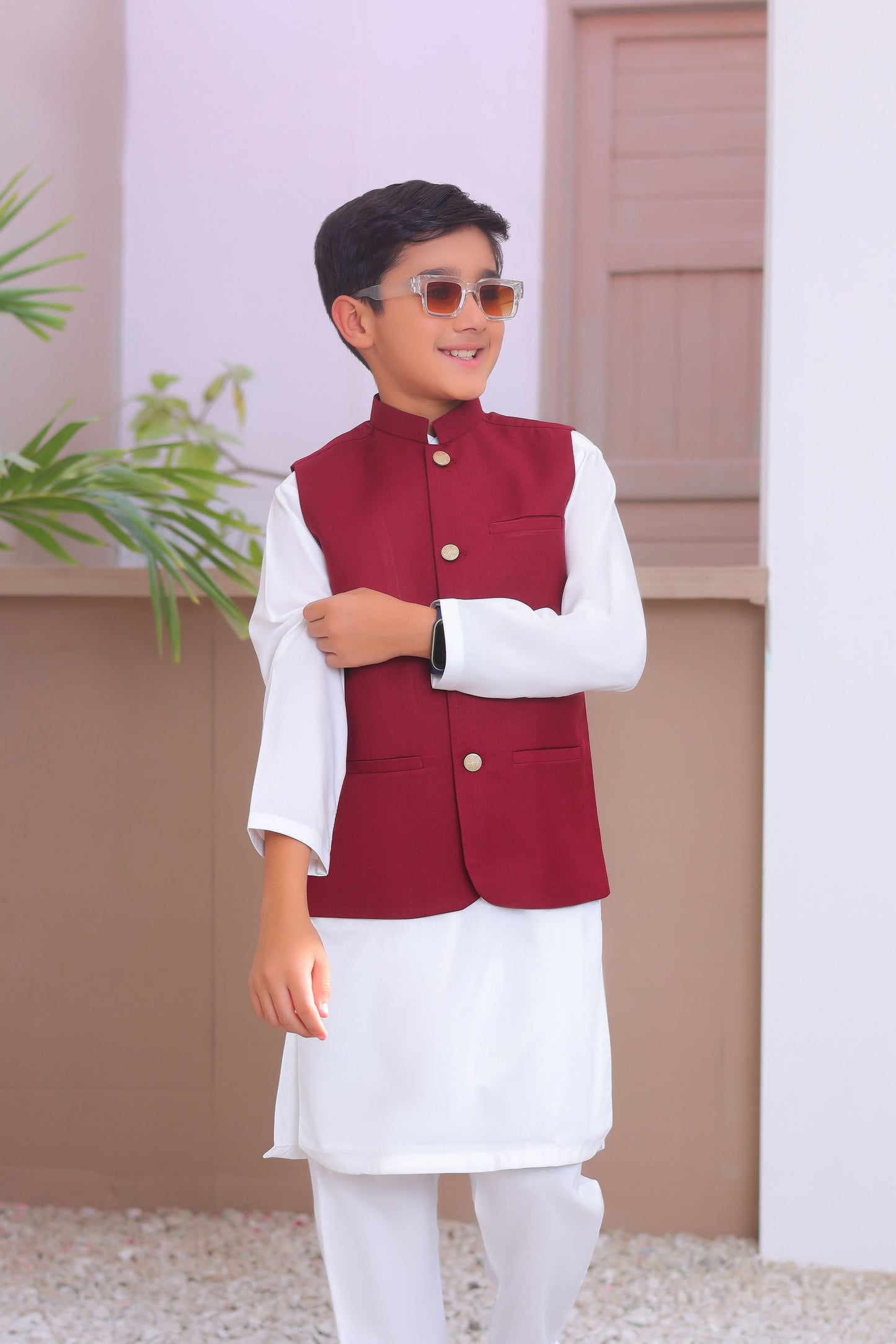 Off White Kurta Trouser with Maroon Suiting Waistcoat - Kids
