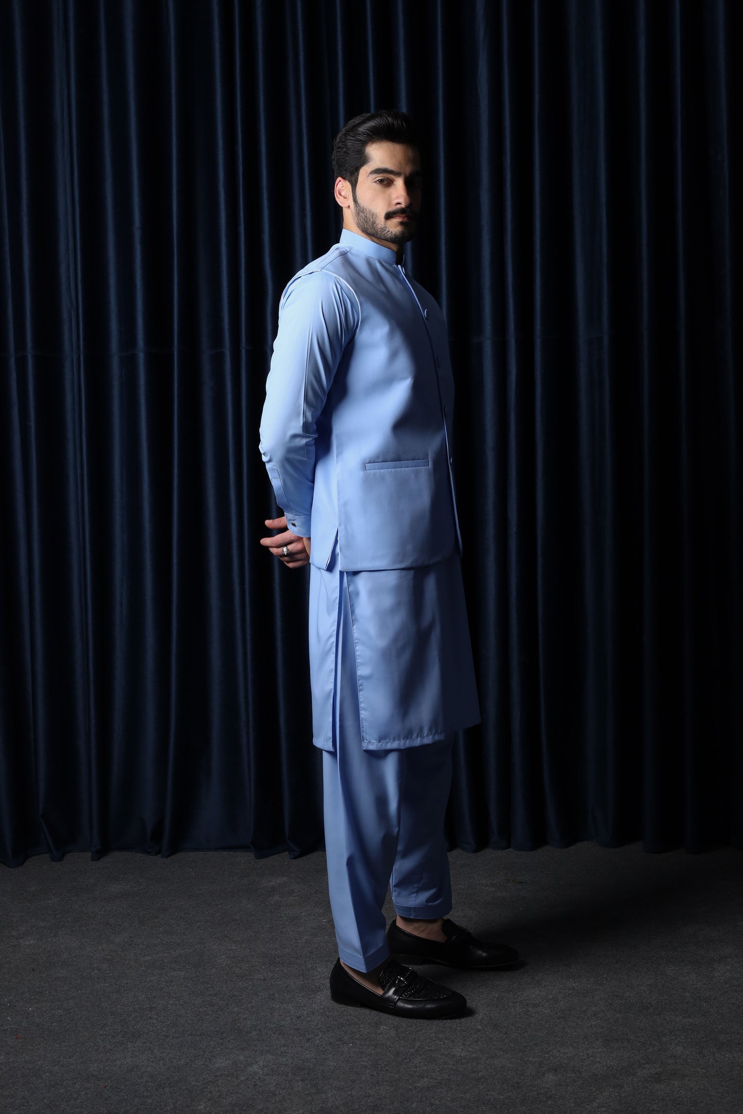 Sky Blue Blended Waistcoat - Round Cut & Matching Fabric Buttons - Men
