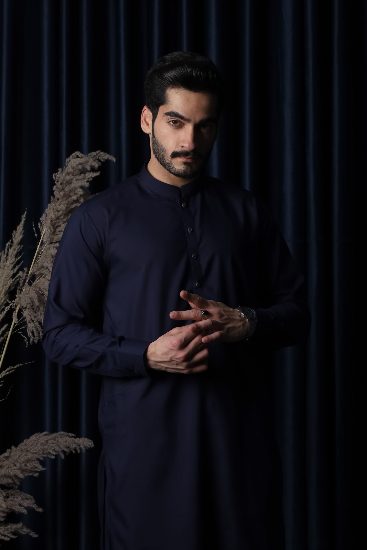 Navy Blue Blended Kameez Shalwar - Men