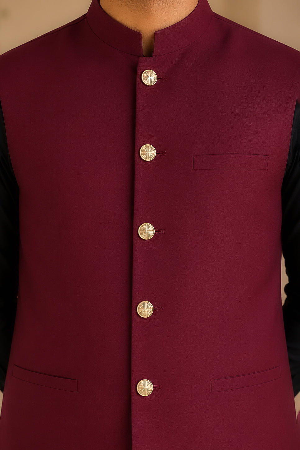 Black Kurta Shalwar with Maroon Suiting Waistcoat - Straight Cut - Men