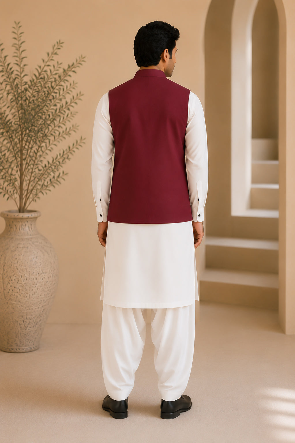 Maroon Suiting Waistcoat - Straight Cut Buttoned - Men