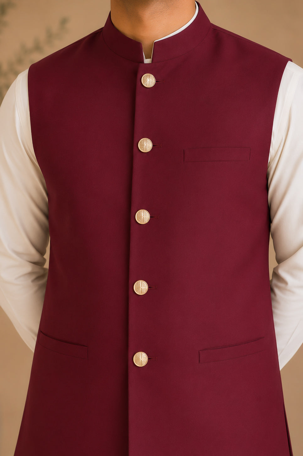 Off White Kurta Shalwar with Maroon Suiting Waistcoat - Straight Cut - Men