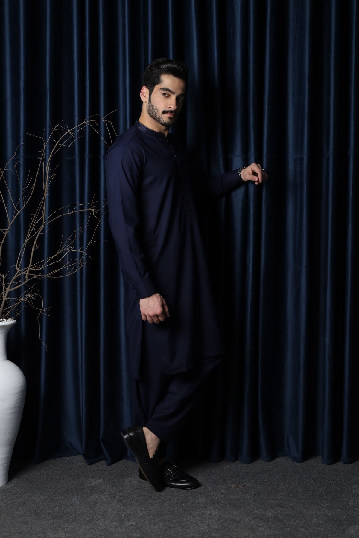 Navy Blue Kameez Shalwar - Collar Neck Embroidered Edition - Men