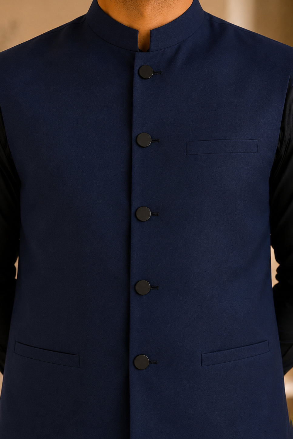 Black Kurta Shalwar with Navy Blue Suiting Waistcoat - Straight Cut - Men