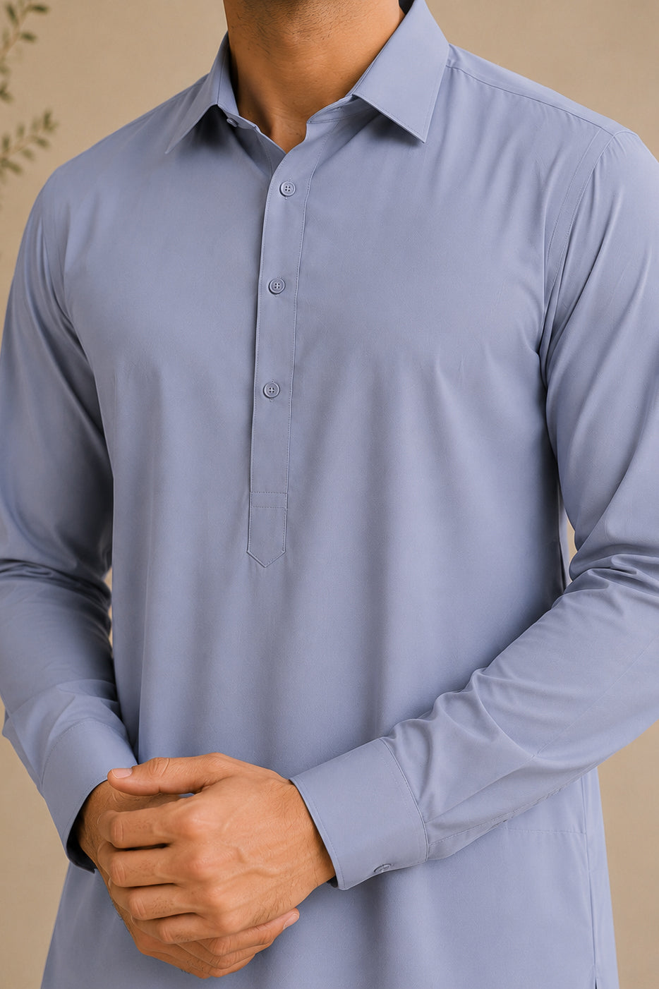 Silver Gray French Collar Shalwar Kameez - Stitched