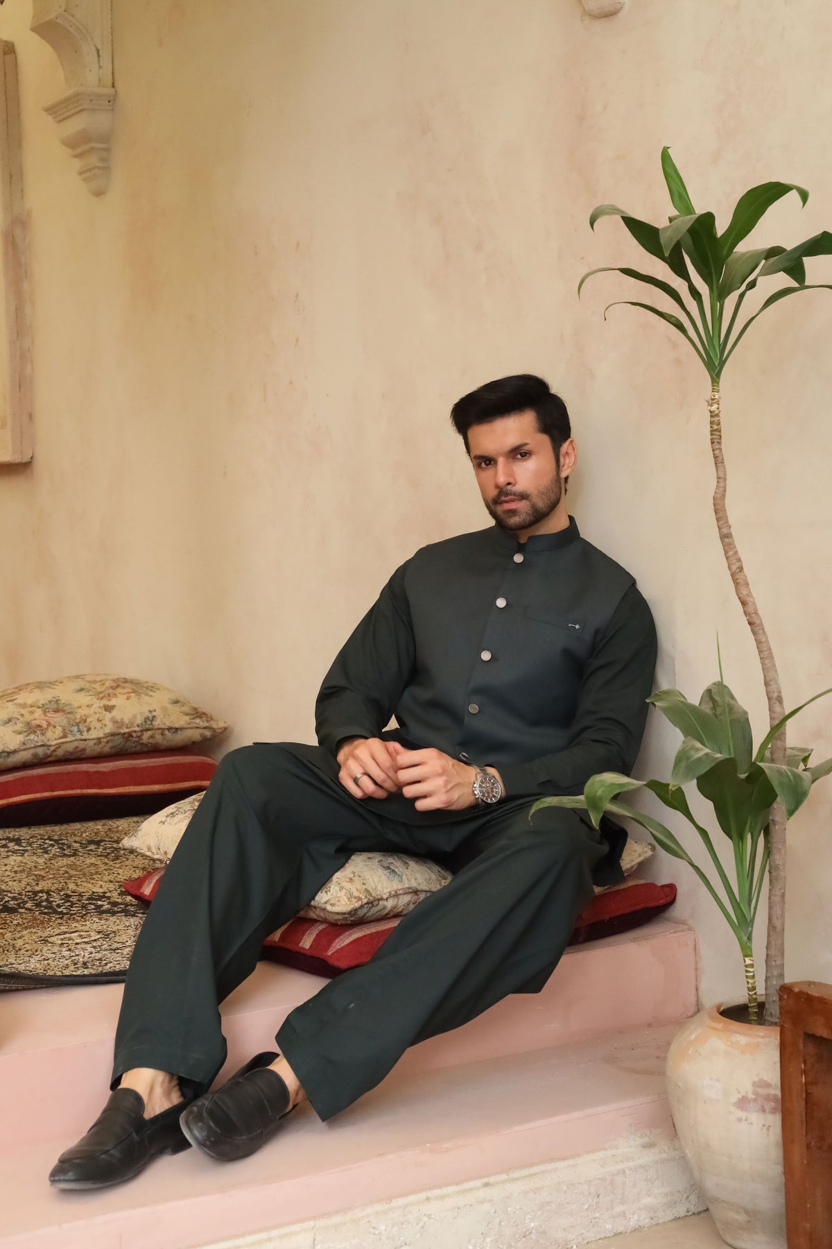 Deep Bottle Green Shalwar Kameez with Waistcoat - A-Line Cut - Men