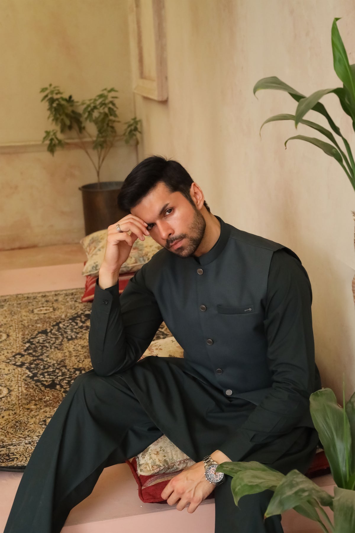 Deep Bottle Green Shalwar Kameez with Waistcoat - A-Line Cut - Men