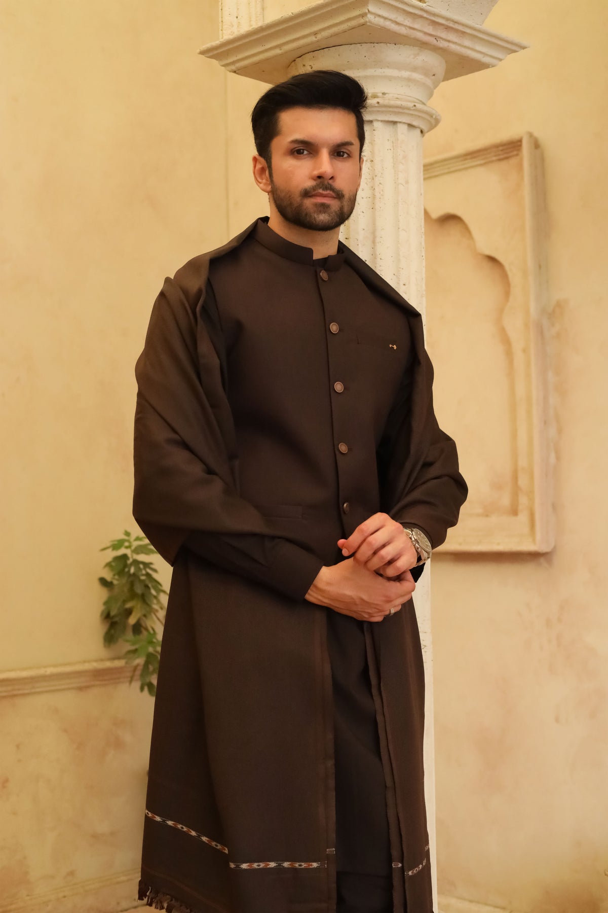 Dark Chocolate Brown Swati Thread Shawl - Men