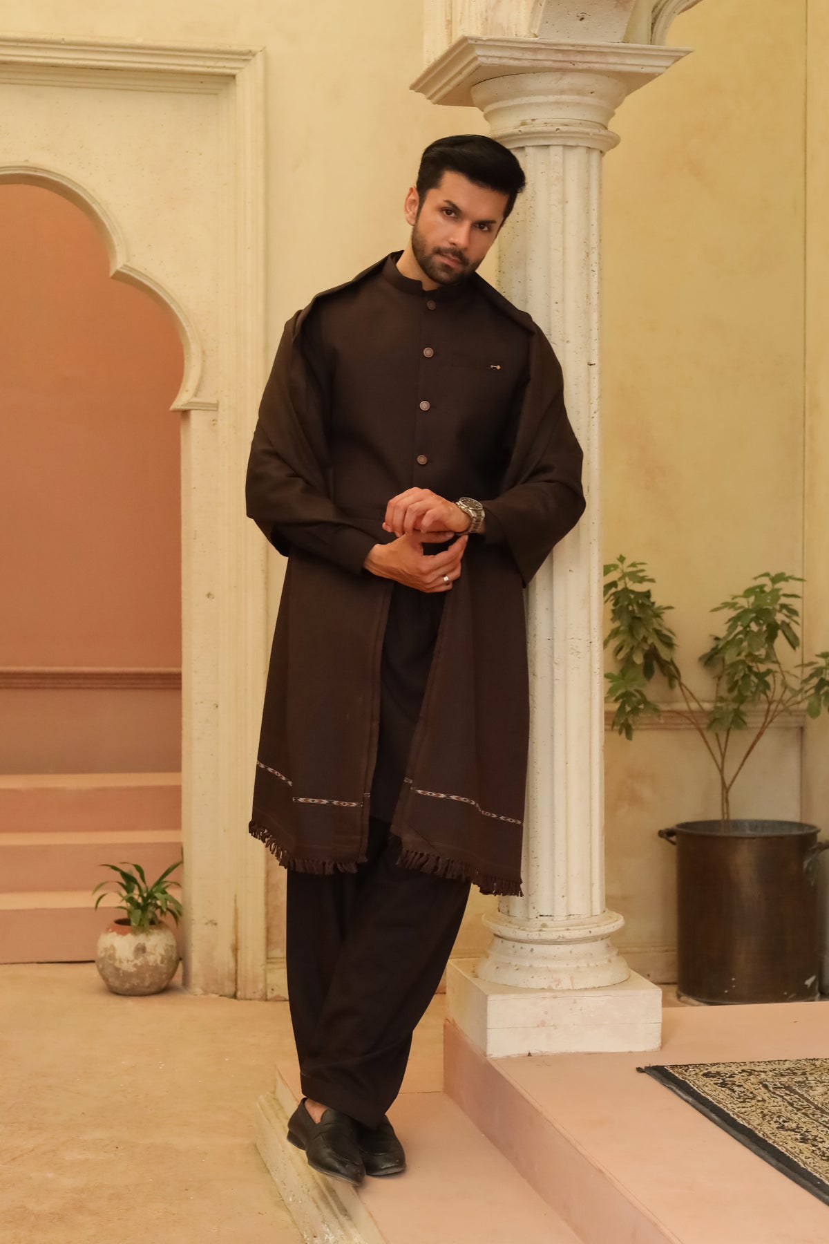 Dark Chocolate Brown Swati Thread Shawl - Men