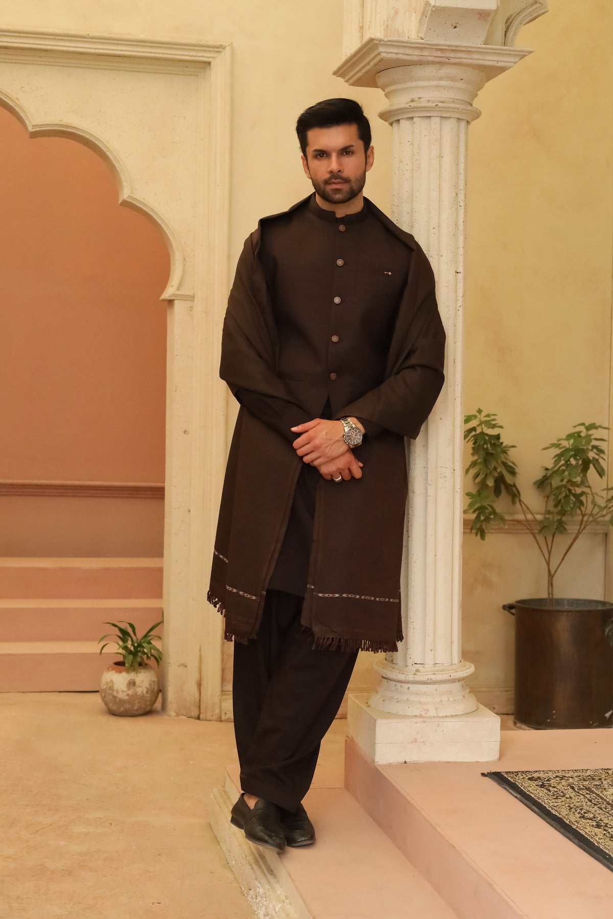 Dark Chocolate Brown Swati Thread Shawl - Men