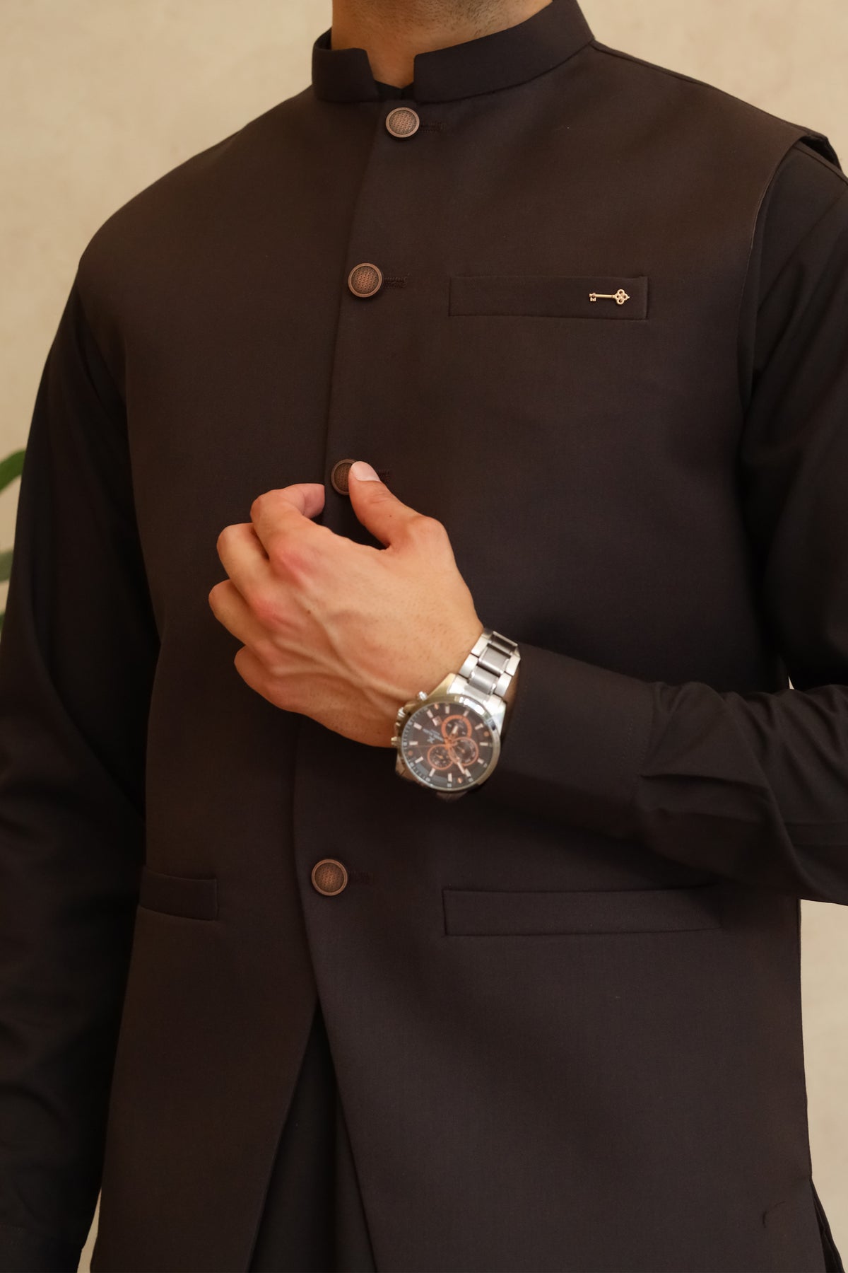 Dark Espresso Brown Shalwar Kameez with Waistcoat - A-Line Cut - Men