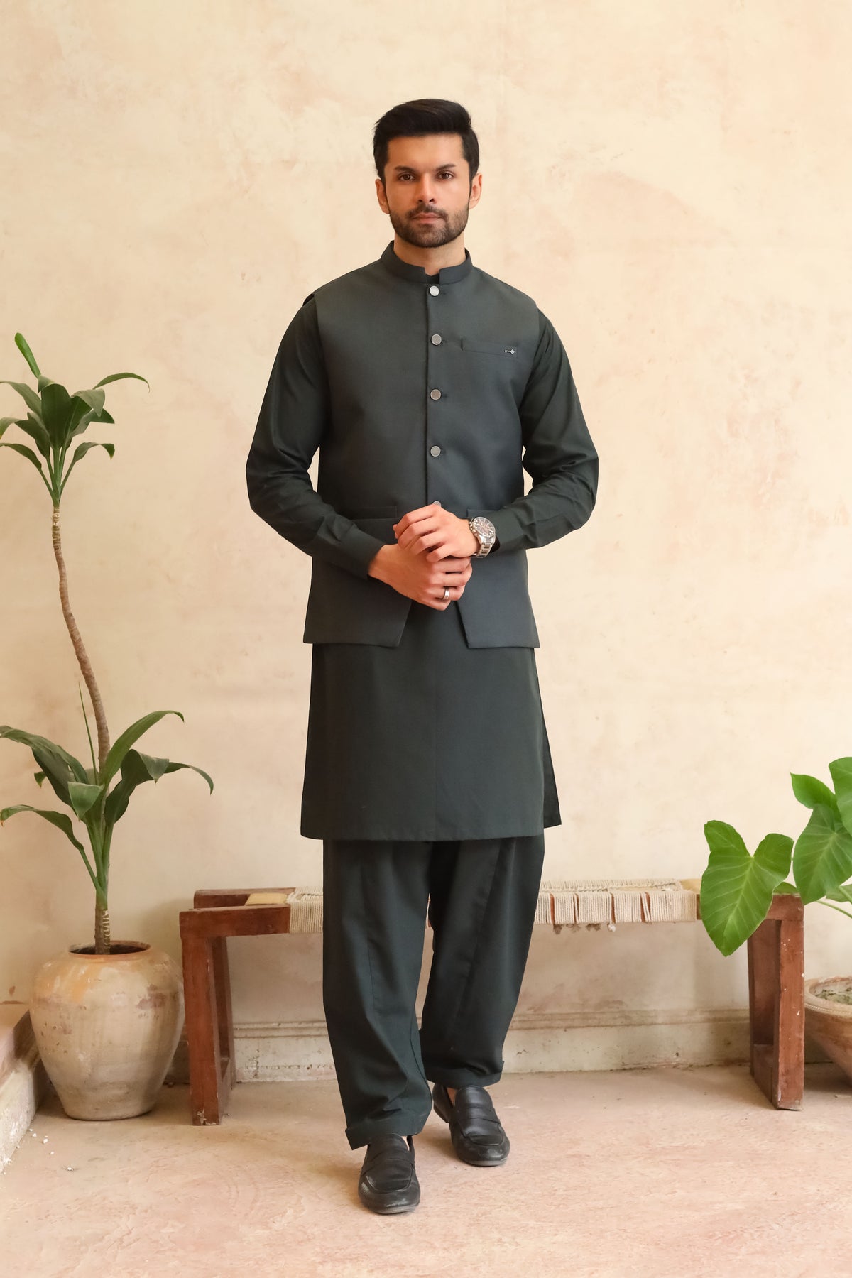 Deep Bottle Green Shalwar Kameez with Waistcoat - A-Line Cut - Men