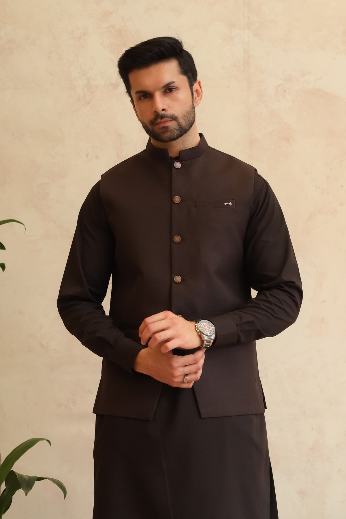 Dark Espresso Brown Shalwar Kameez with Waistcoat - A-Line Cut - Men