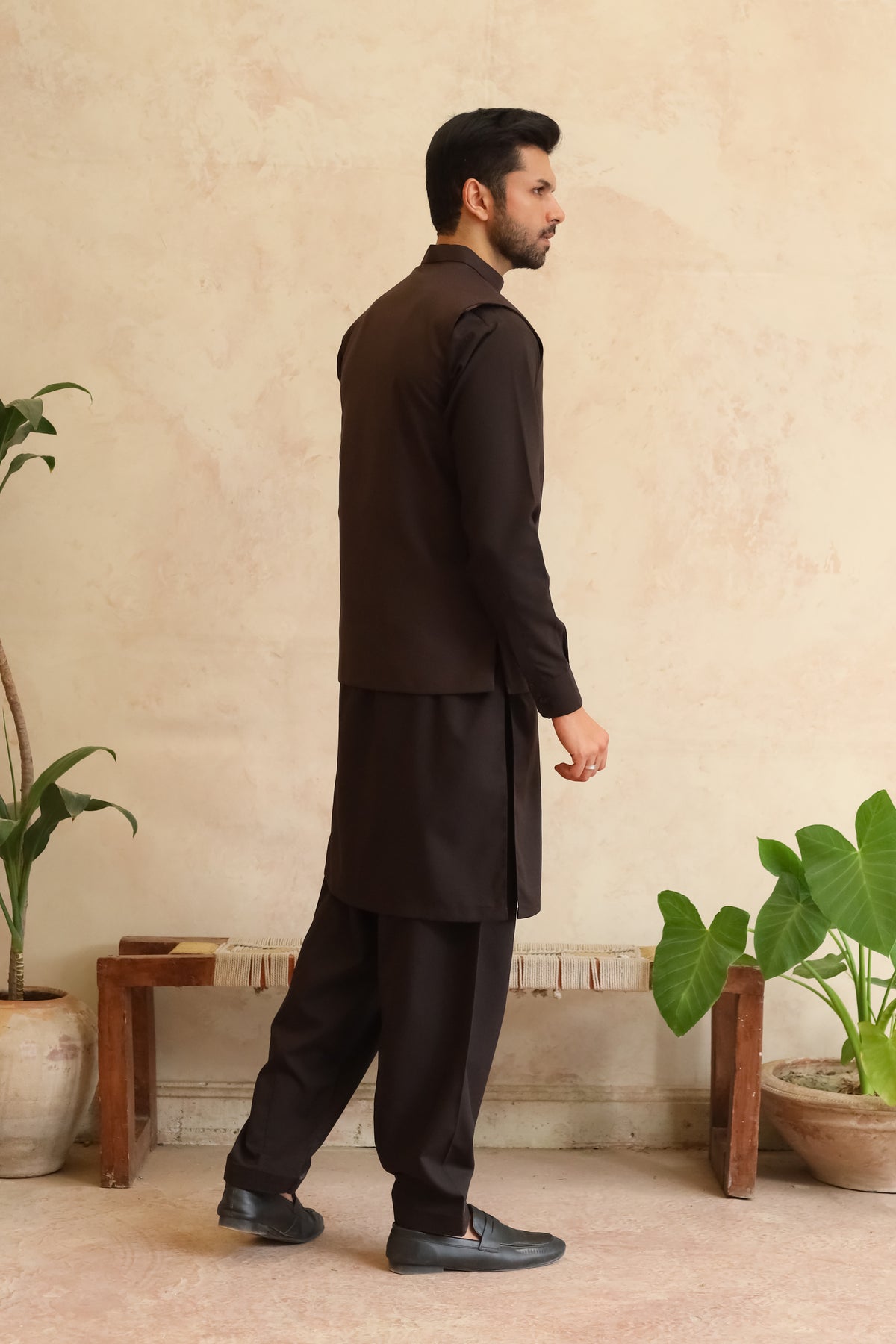 Dark Espresso Brown Shalwar Kameez with Waistcoat - A-Line Cut - Men