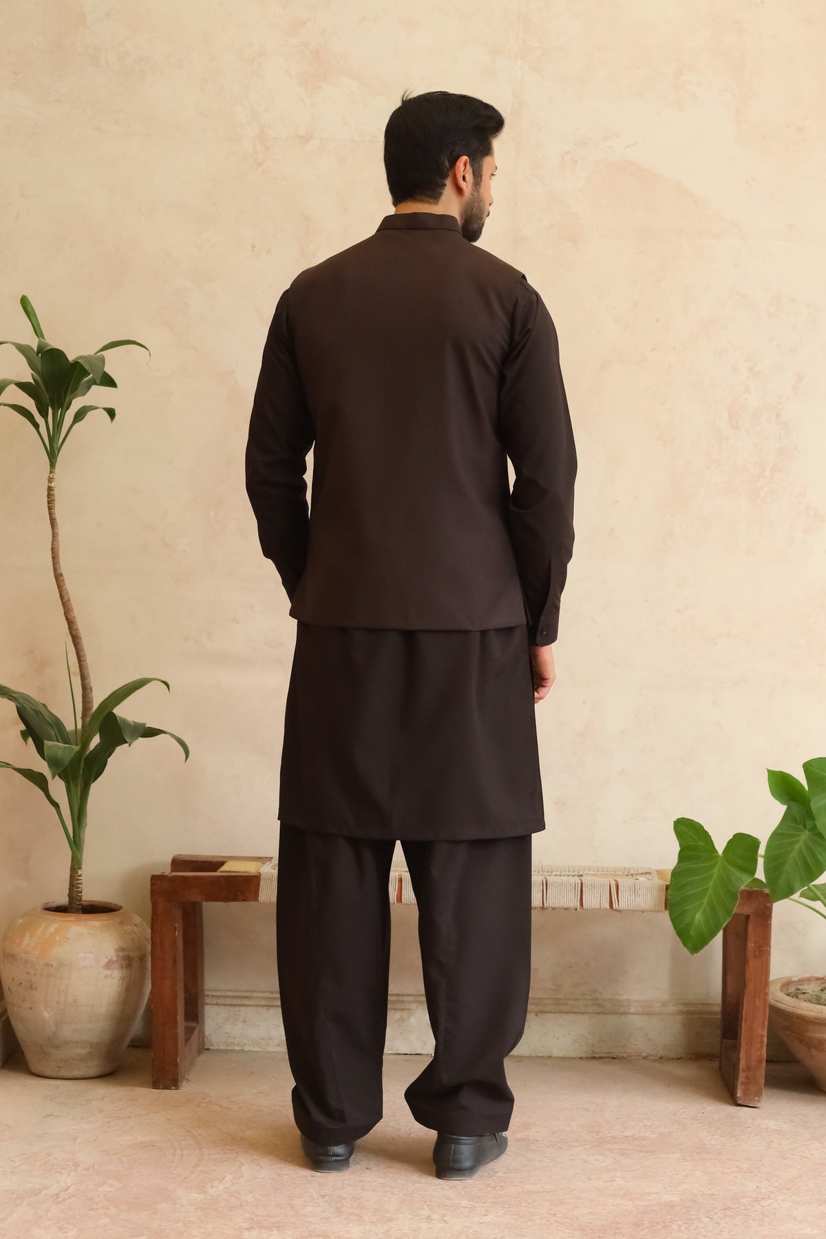 Dark Espresso Brown Shalwar Kameez with Waistcoat - A-Line Cut - Men