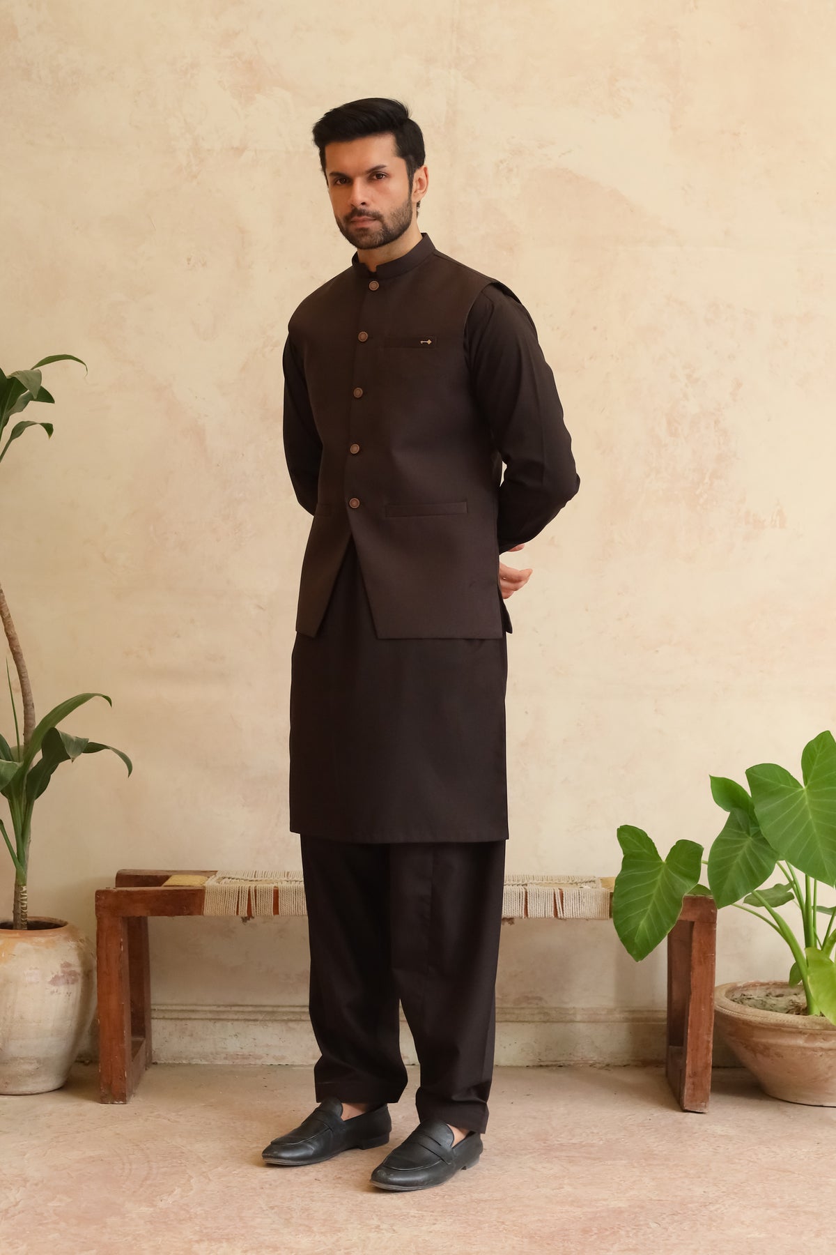Dark Espresso Brown Shalwar Kameez with Waistcoat - A-Line Cut - Men